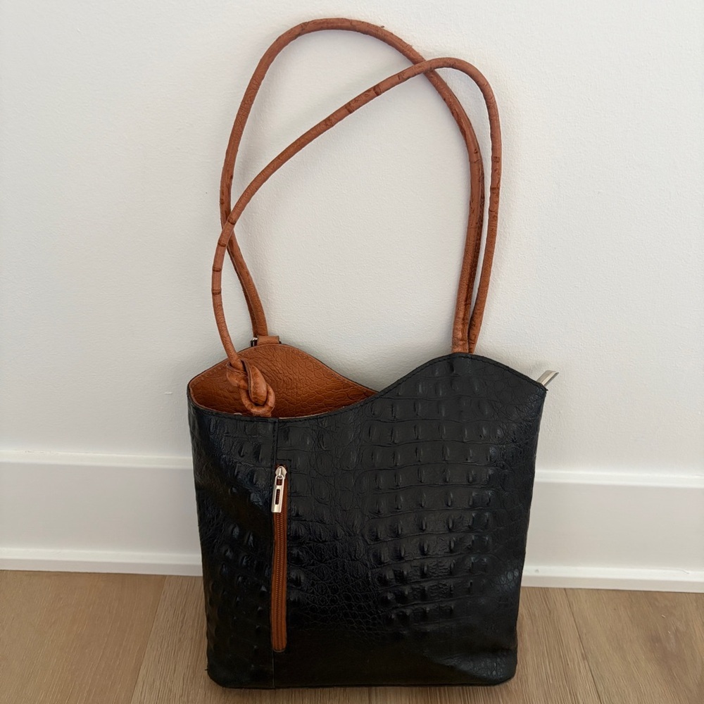 Moda In Pelle Gaia Croc Embossed Leather Convertible Backpack Shoulder Bag